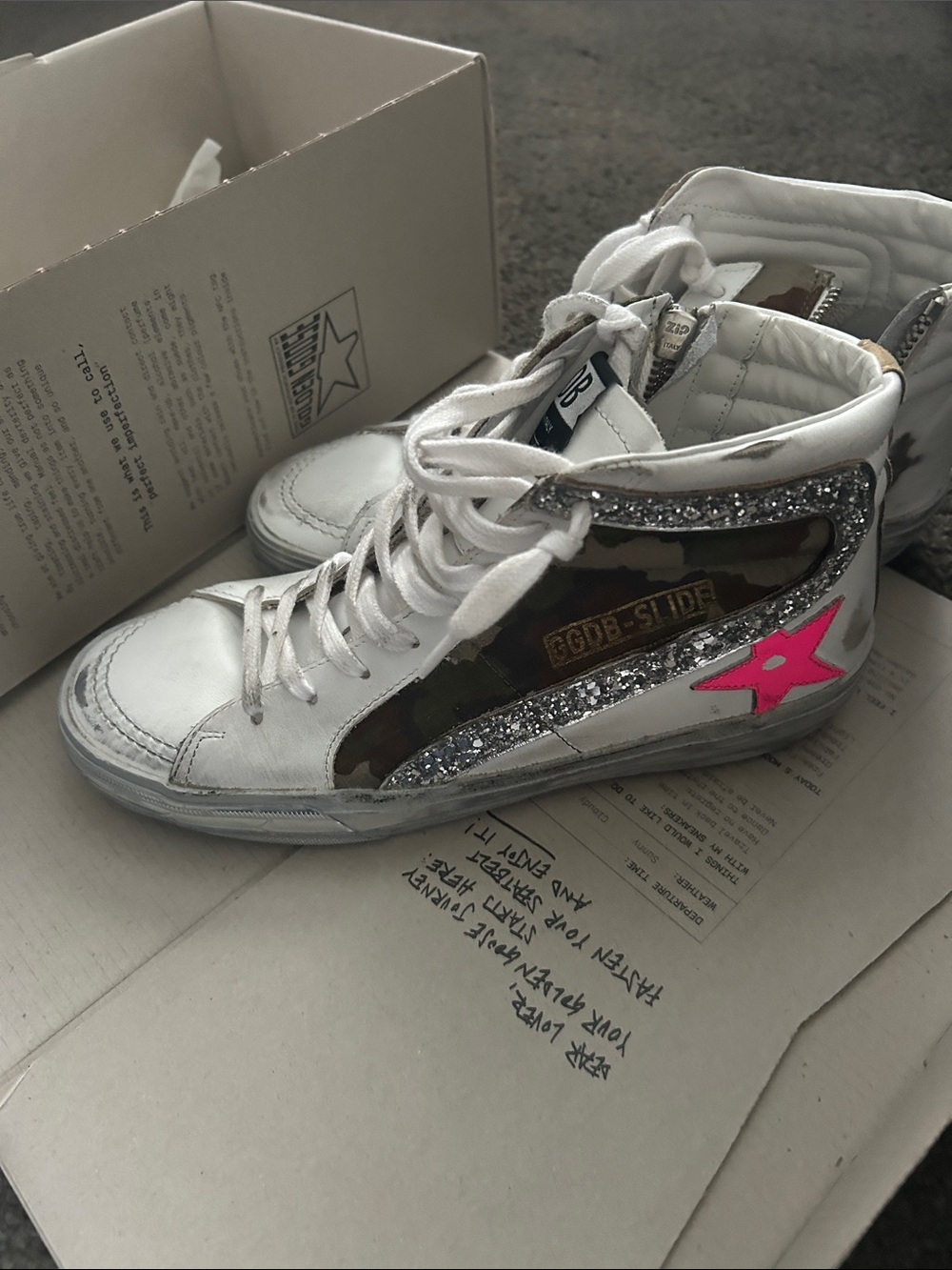 Golden Goose White High-Top Sneaker with Pink Star